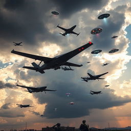 A dramatic scene in the sky featuring an array of military drones and UFOs (OVNIs) engaged in a dynamic aerial display