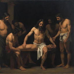 A profound Caravaggio-style tenebrist composition where Christ reveals his wounds to awestruck Mayan people, creating a bridge of shared understanding amid cultural diversity.