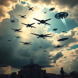A dramatic scene in the sky featuring an array of military drones and UFOs (OVNIs) engaged in a dynamic aerial display