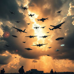 A dramatic scene in the sky featuring an array of military drones and UFOs (OVNIs) engaged in a dynamic aerial display