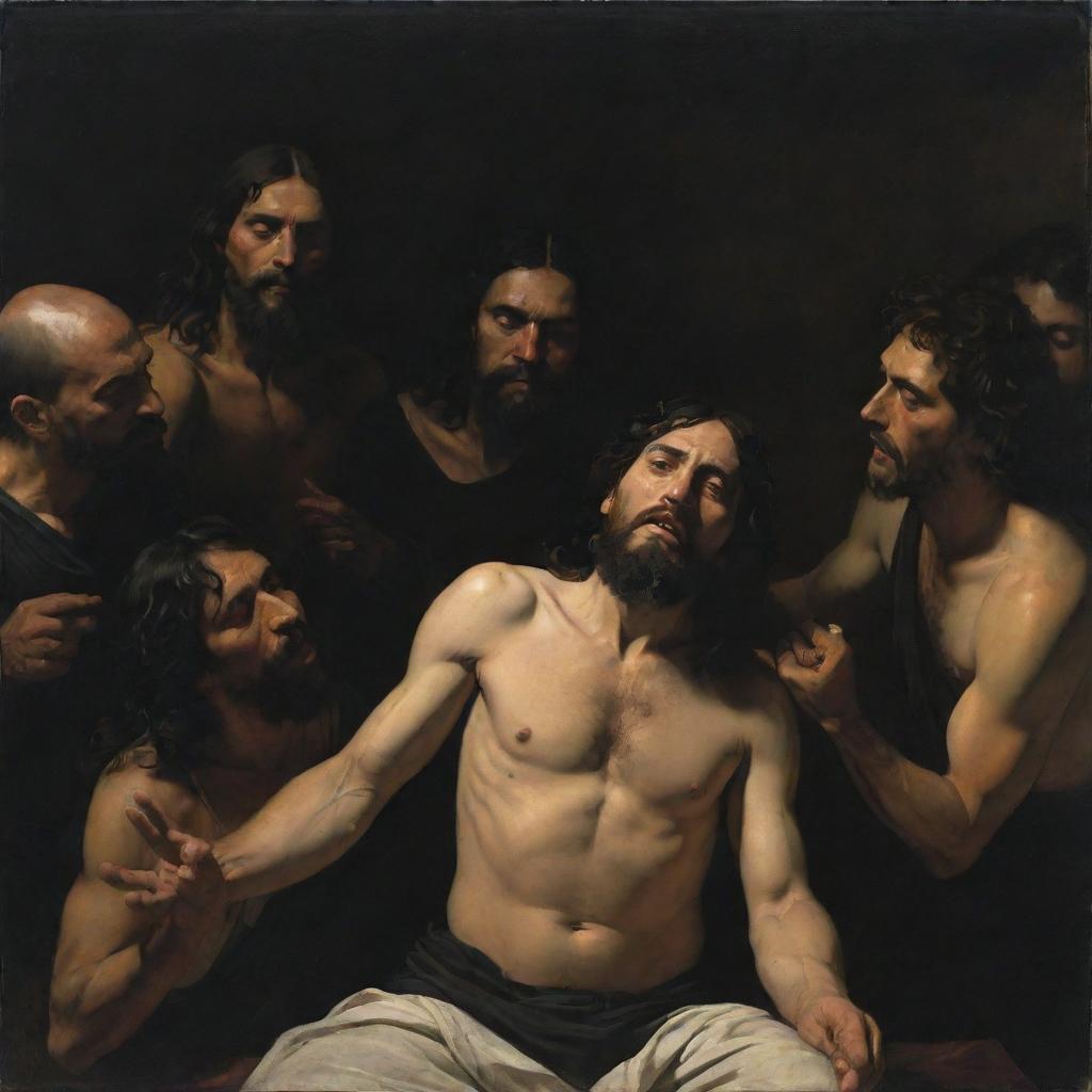 A compelling tenebrist composition in the style of Caravaggio where Christ exhibits his wounds to a group of Mayan people, establishing a unique connection between divine and human realms.