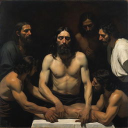 A compelling tenebrist composition in the style of Caravaggio where Christ exhibits his wounds to a group of Mayan people, establishing a unique connection between divine and human realms.