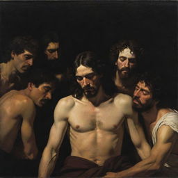 A compelling tenebrist composition in the style of Caravaggio where Christ exhibits his wounds to a group of Mayan people, establishing a unique connection between divine and human realms.