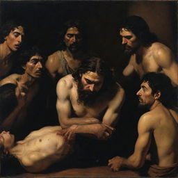 A compelling tenebrist composition in the style of Caravaggio where Christ exhibits his wounds to a group of Mayan people, establishing a unique connection between divine and human realms.