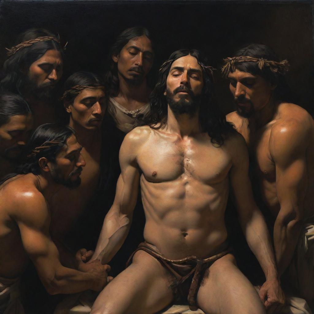 A striking Caravaggio-inspired tenebrist composition depicting Christ solemnly revealing his wounds to a gathering of Mesoamerican Indians, fusing dramatic realism with a touch of the divine.