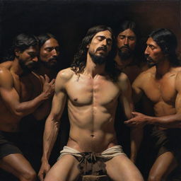 A striking Caravaggio-inspired tenebrist composition depicting Christ solemnly revealing his wounds to a gathering of Mesoamerican Indians, fusing dramatic realism with a touch of the divine.