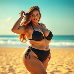 A voluptuous woman with an hourglass figure, prominently featuring large breasts, standing confidently in a playful pose