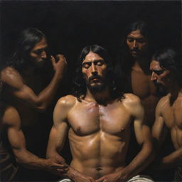 A striking Caravaggio-inspired tenebrist composition depicting Christ solemnly revealing his wounds to a gathering of Mesoamerican Indians, fusing dramatic realism with a touch of the divine.