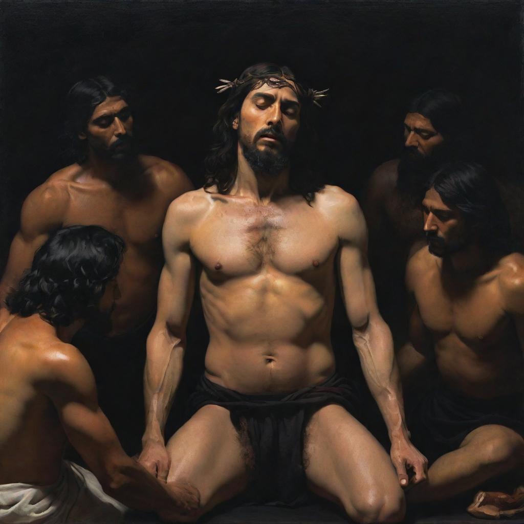 A striking Caravaggio-inspired tenebrist composition depicting Christ solemnly revealing his wounds to a gathering of Mesoamerican Indians, fusing dramatic realism with a touch of the divine.