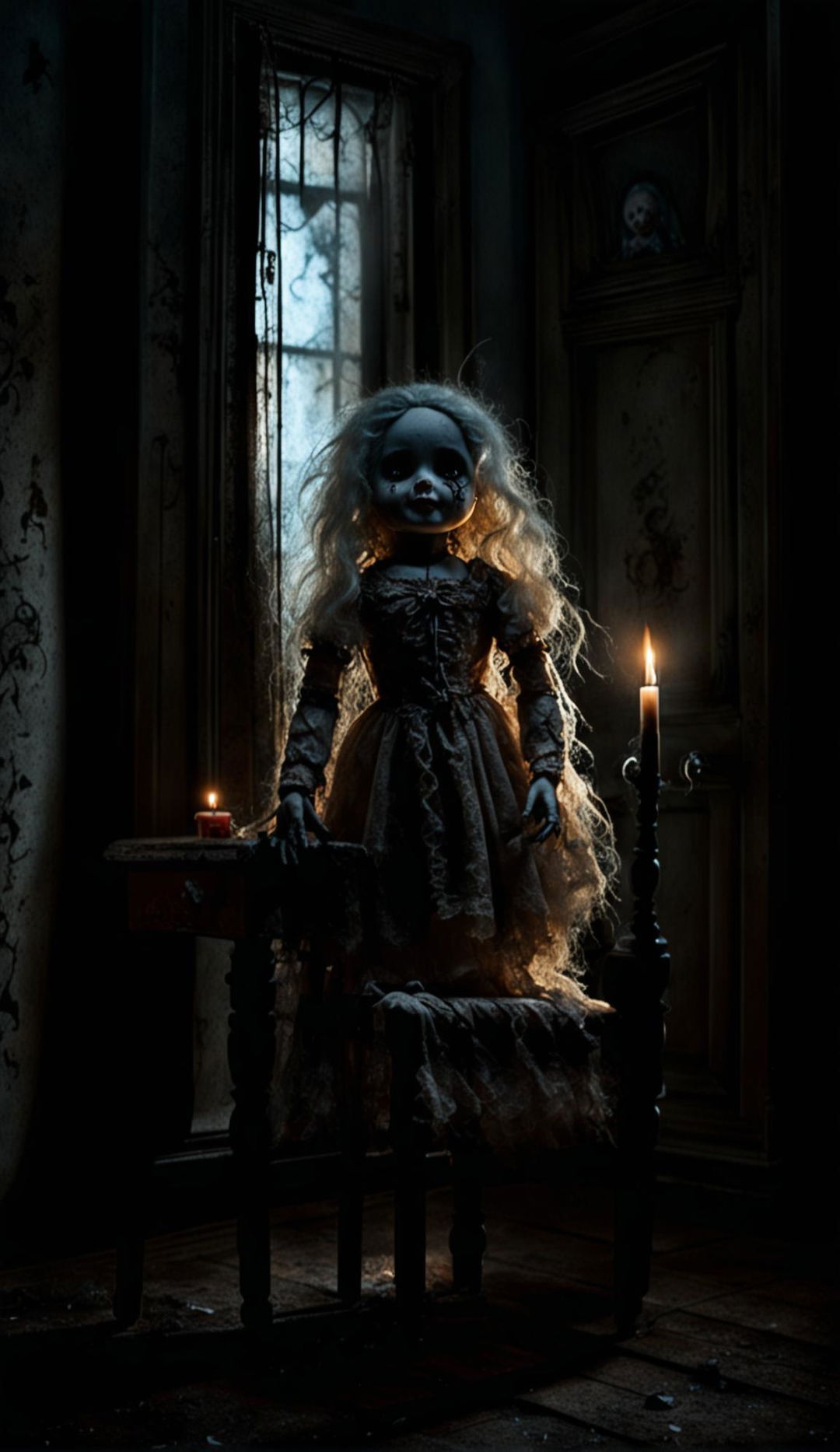 A dimly lit room with antique furniture and a cursed doll sitting on a table in the center. The doll's cracked porcelain skin, glassy eyes, faded Victorian dress, and sinister smile add to the horror atmosphere.