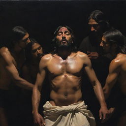 A tenebrist composition, inspired by Caravaggio, portraying Christ displaying his wounds to intrigued Mesoamerican Indians, skillfully blending dramatic play of light and shadow with deep religious symbolism.