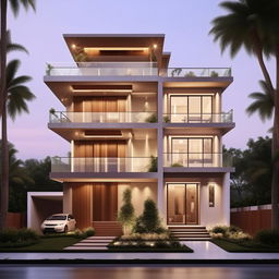 A chic, trendy three-story (G+2) home with an extra 1800 square foot penthouse. The design preference should lean towards a unique architectural elevation that is currently popular or trending.