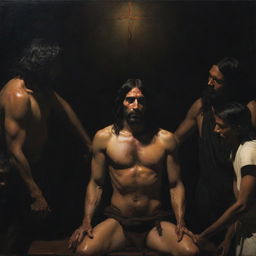 A tenebrist composition, inspired by Caravaggio, portraying Christ displaying his wounds to intrigued Mesoamerican Indians, skillfully blending dramatic play of light and shadow with deep religious symbolism.