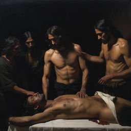 A tenebrist composition, inspired by Caravaggio, portraying Christ displaying his wounds to intrigued Mesoamerican Indians, skillfully blending dramatic play of light and shadow with deep religious symbolism.