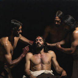 A tenebrist composition, inspired by Caravaggio, portraying Christ displaying his wounds to intrigued Mesoamerican Indians, skillfully blending dramatic play of light and shadow with deep religious symbolism.