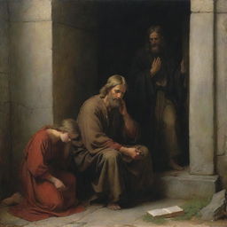 Create an artwork in the style of Carl Heinrich Bloch, well-known for his religious paintings; perhaps a poignant portrayal of a biblical scene filled with spiritual resonance and emotional depth.