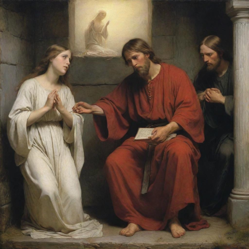 Create an artwork in the style of Carl Heinrich Bloch, well-known for his religious paintings; perhaps a poignant portrayal of a biblical scene filled with spiritual resonance and emotional depth.