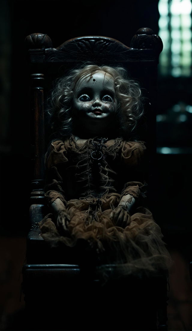 A cursed doll sits on an antique chair in a dimly lit room, its cracked porcelain face turned sideways to gaze into the camera with lifelike eyes. The doll's sinister smile and the mysterious key it holds add to the horror atmosphere.