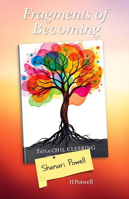 A visually engaging book cover design titled 'Fragments of Becoming: Stories of Growth, Change and Transformation', featuring an abstract representation of personal growth