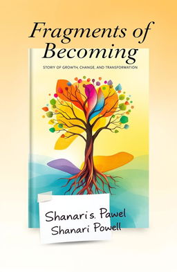 A visually engaging book cover design titled 'Fragments of Becoming: Stories of Growth, Change and Transformation', featuring an abstract representation of personal growth