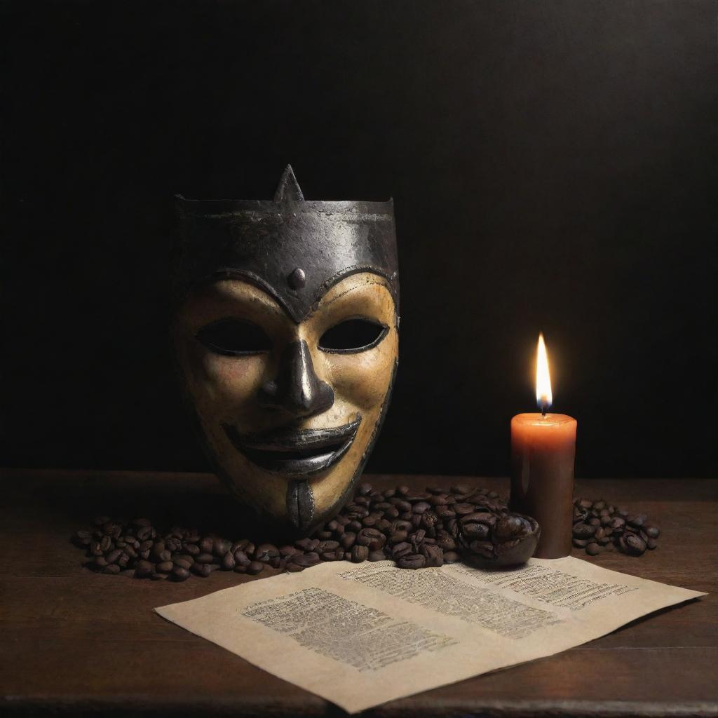 Construct a chiaroscuro still life featuring a Gueguense mask, a lit candle, and scattered coffee beans, evoking a sense of Central American heritage and culture.