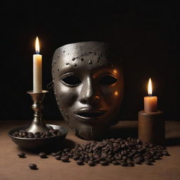 Construct a chiaroscuro still life featuring a Gueguense mask, a lit candle, and scattered coffee beans, evoking a sense of Central American heritage and culture.