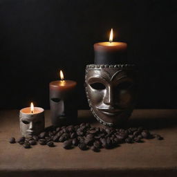 Construct a chiaroscuro still life featuring a Gueguense mask, a lit candle, and scattered coffee beans, evoking a sense of Central American heritage and culture.