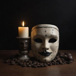 Construct a chiaroscuro still life featuring a Gueguense mask, a lit candle, and scattered coffee beans, evoking a sense of Central American heritage and culture.