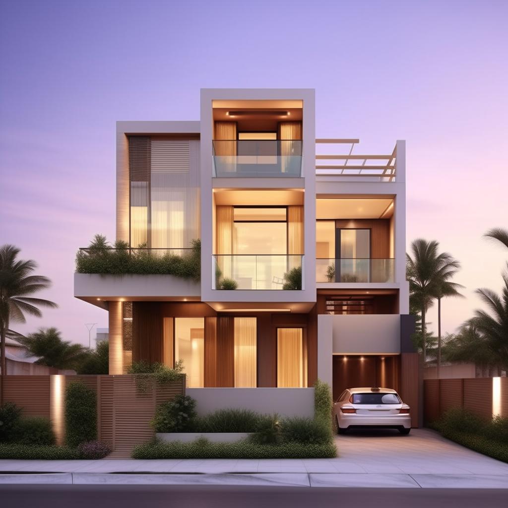 A chic, trendy three-story (G+2) home with an extra 1800 square foot penthouse. The design preference should lean towards a unique architectural elevation that is currently popular or trending.