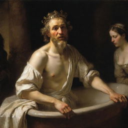 Rembrandt-style depiction of King David noticing Bathsheba bathing, focusing on their facial expressions and the dramatic contrast between light and dark.