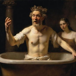 Rembrandt-style depiction of King David noticing Bathsheba bathing, focusing on their facial expressions and the dramatic contrast between light and dark.