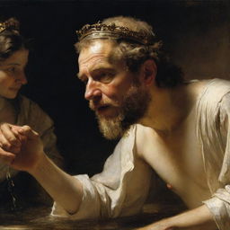 Rembrandt-style depiction of King David noticing Bathsheba bathing, focusing on their facial expressions and the dramatic contrast between light and dark.