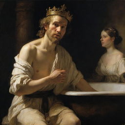 Rembrandt-style depiction of King David noticing Bathsheba bathing, focusing on their facial expressions and the dramatic contrast between light and dark.