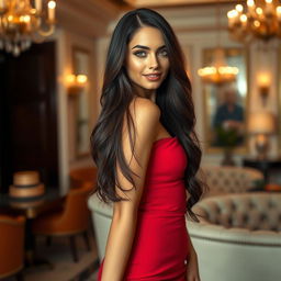 A stunning and alluring woman with long, flowing dark hair, wearing a form-fitting red dress that accentuates her curves