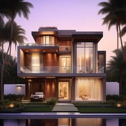 A chic, trendy three-story (G+2) home with an extra 1800 square foot penthouse. The design preference should lean towards a unique architectural elevation that is currently popular or trending.