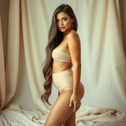 A beautiful and confident woman with a curvy figure, posing artfully in an elegant and tasteful manner