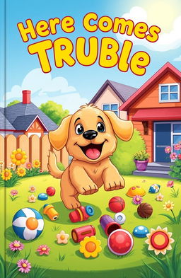 A whimsical children's book cover featuring an adorable, mischievous pet dog causing playful chaos in a colorful suburban backyard