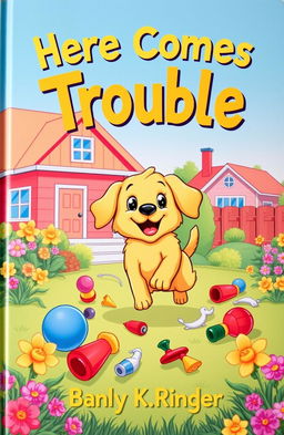 A whimsical children's book cover featuring an adorable, mischievous pet dog causing playful chaos in a colorful suburban backyard