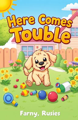 A whimsical children's book cover featuring an adorable, mischievous pet dog causing playful chaos in a colorful suburban backyard