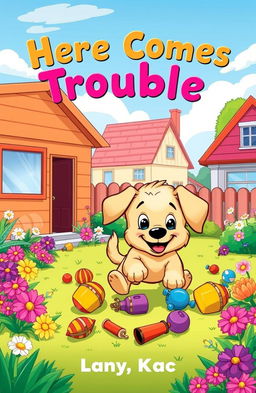 A whimsical children's book cover featuring an adorable, mischievous pet dog causing playful chaos in a colorful suburban backyard