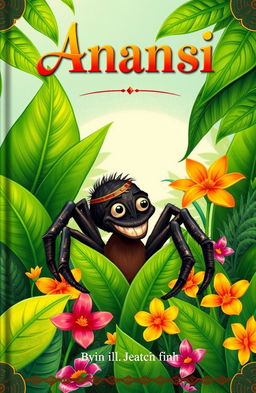 A beautifully illustrated book cover featuring the African folk tale character Anansi, portrayed as a clever spider with a mischievous expression