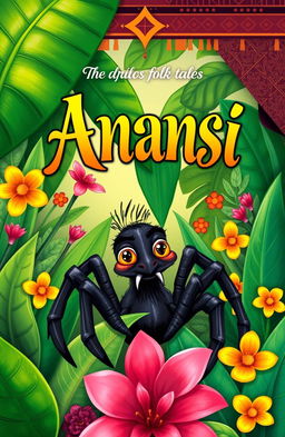 A beautifully illustrated book cover featuring the African folk tale character Anansi, portrayed as a clever spider with a mischievous expression