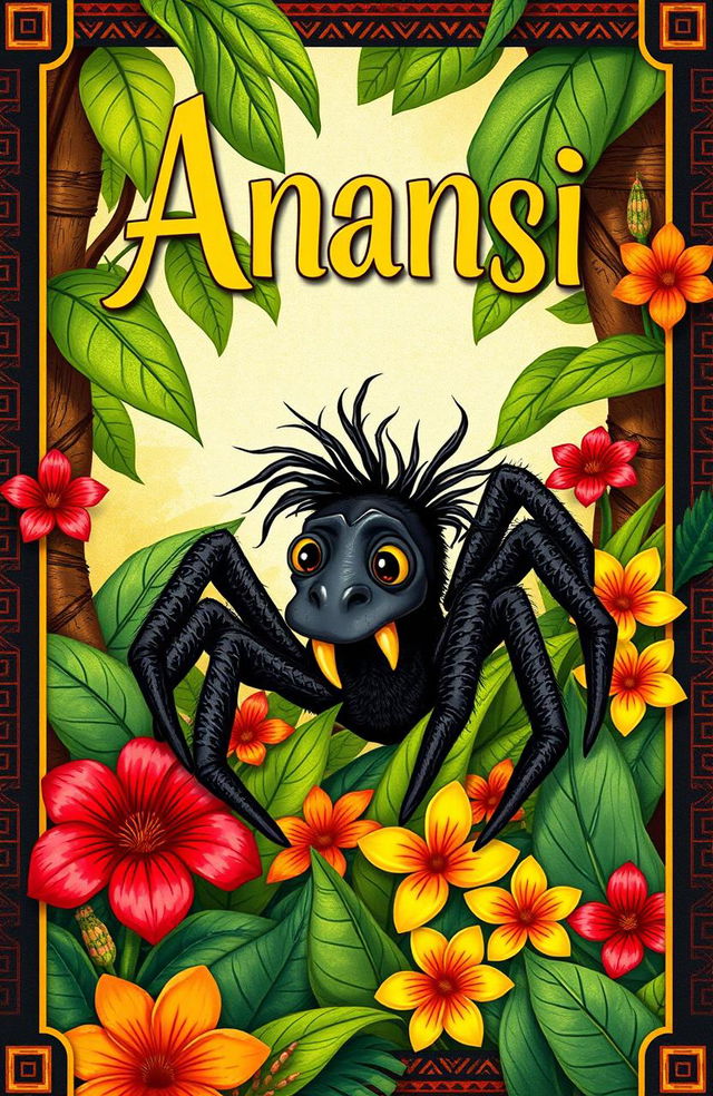 A beautifully illustrated book cover featuring the African folk tale character Anansi, portrayed as a clever spider with a mischievous expression