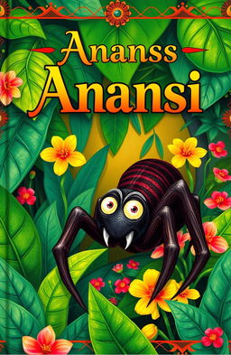 A beautifully illustrated book cover featuring the African folk tale character Anansi, portrayed as a clever spider with a mischievous expression