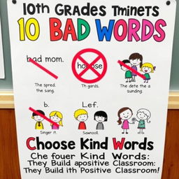 A colorful and engaging poster aimed at 10th graders to discourage the use of bad words in the classroom