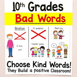 A colorful and engaging poster aimed at 10th graders to discourage the use of bad words in the classroom