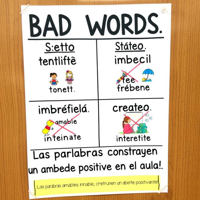 A vibrant and engaging poster designed for a 10th grade Spanish class, aimed at discouraging the use of bad words in the classroom