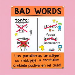 A vibrant and engaging poster designed for a 10th grade Spanish class, aimed at discouraging the use of bad words in the classroom