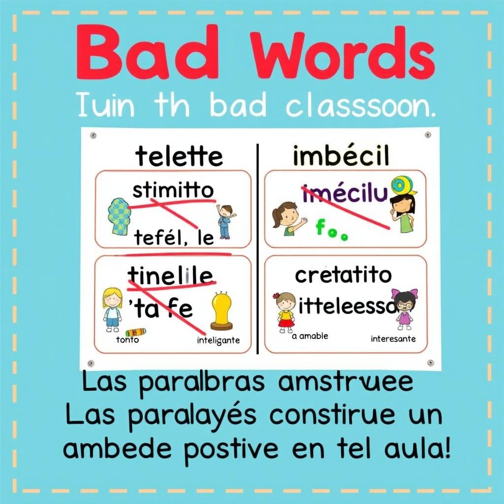 A vibrant and engaging poster designed for a 10th grade Spanish class, aimed at discouraging the use of bad words in the classroom