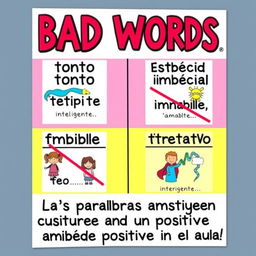 A vibrant and engaging poster designed for a 10th grade Spanish class, aimed at discouraging the use of bad words in the classroom